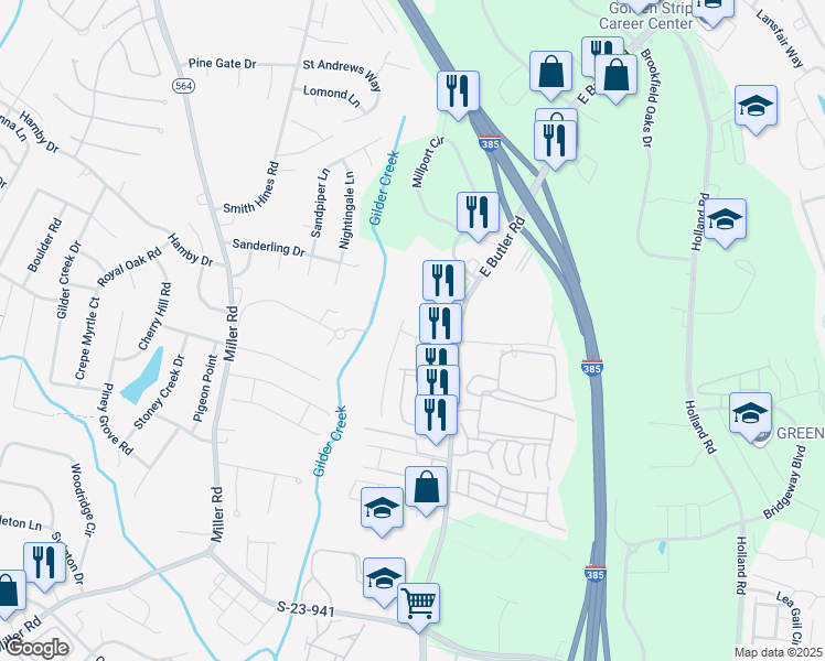 map of restaurants, bars, coffee shops, grocery stores, and more near 102 Forsythia Drive in Mauldin