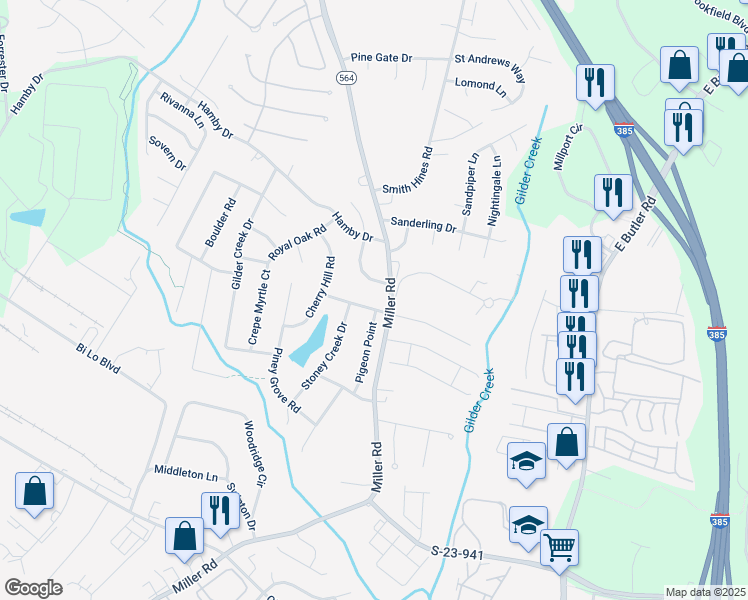 map of restaurants, bars, coffee shops, grocery stores, and more near 100 Burning Bush Lane in Greenville