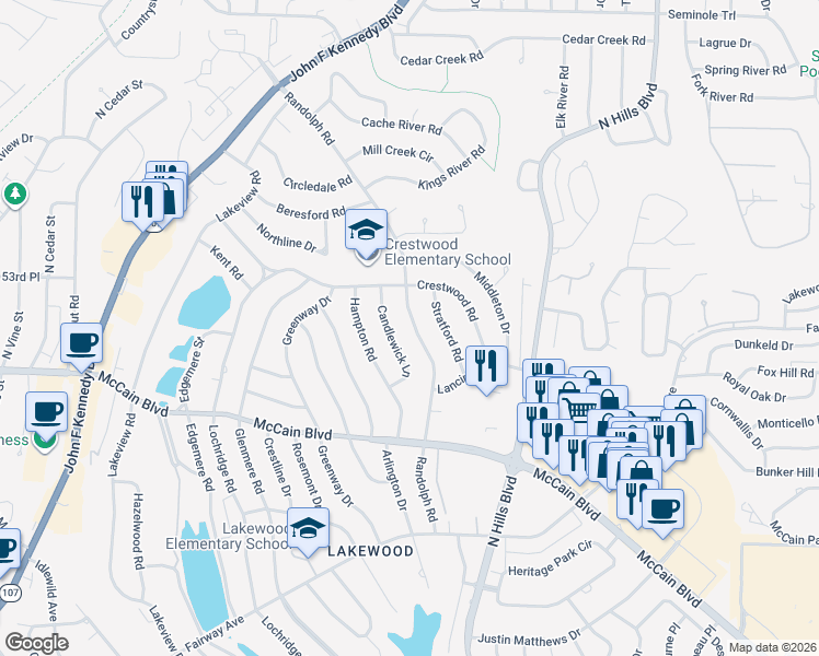 map of restaurants, bars, coffee shops, grocery stores, and more near 5105 Randolph Road in North Little Rock