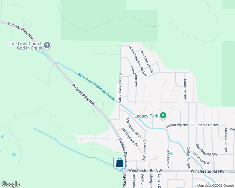 map of restaurants, bars, coffee shops, grocery stores, and more near 6401 Cedar Point Drive Northwest in Huntsville