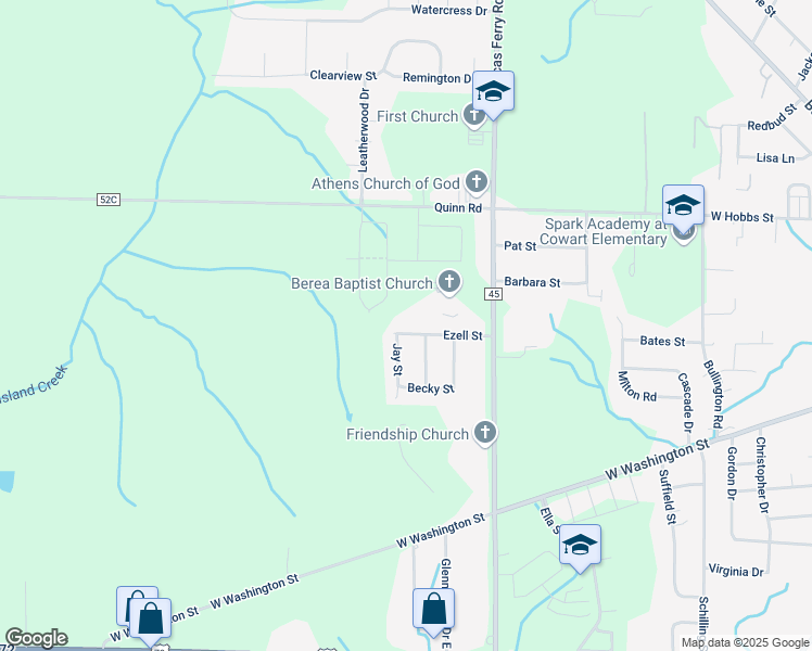 map of restaurants, bars, coffee shops, grocery stores, and more near 17795 Ezell Street in Athens