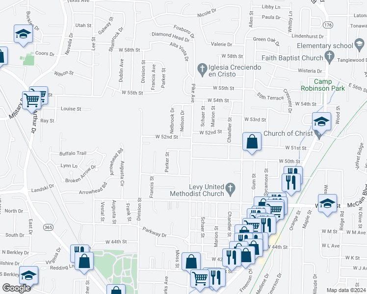 map of restaurants, bars, coffee shops, grocery stores, and more near 1105 West 51st Street in North Little Rock