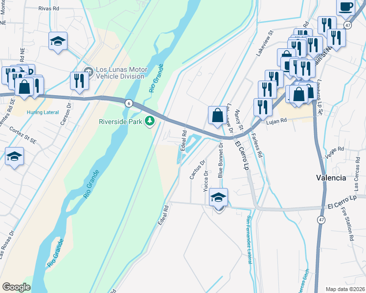 map of restaurants, bars, coffee shops, grocery stores, and more near 5 Edeal Road in Los Lunas