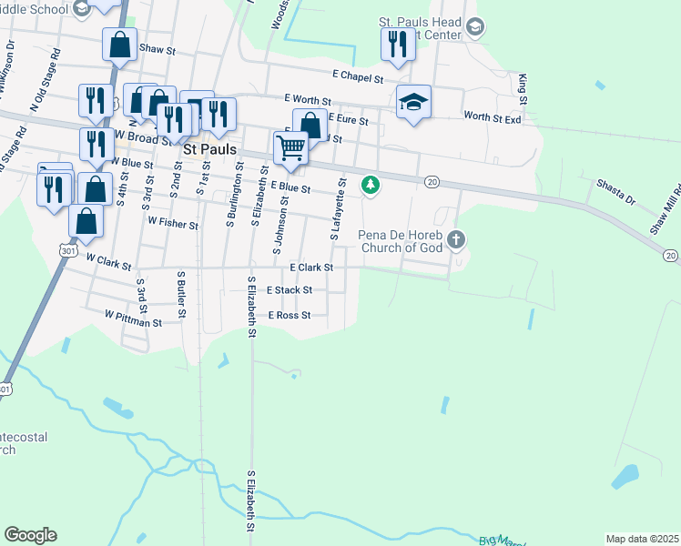map of restaurants, bars, coffee shops, grocery stores, and more near 612 East Clark Street in Saint Pauls