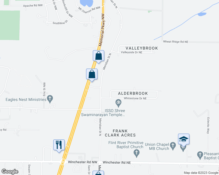 map of restaurants, bars, coffee shops, grocery stores, and more near 115 Dormont Drive Northeast in Huntsville