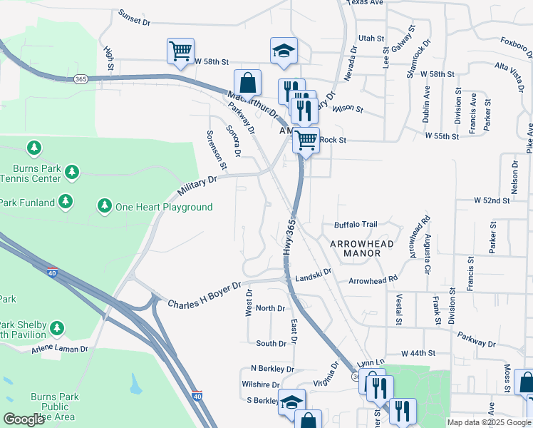 map of restaurants, bars, coffee shops, grocery stores, and more near 426 Sierra Madre Drive in North Little Rock