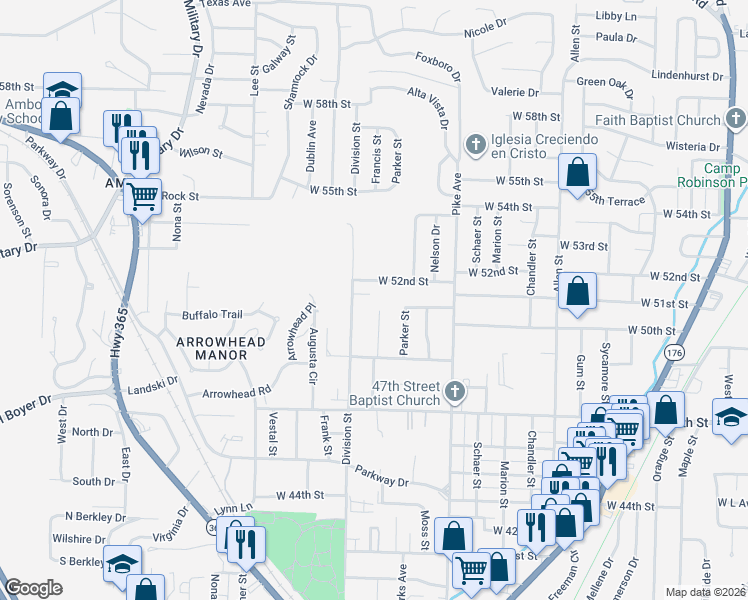 map of restaurants, bars, coffee shops, grocery stores, and more near 5004 Division Street in North Little Rock