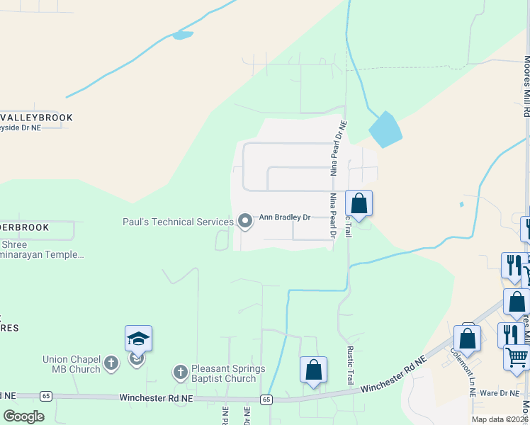 map of restaurants, bars, coffee shops, grocery stores, and more near 118 Ann Bradley Drive in Huntsville