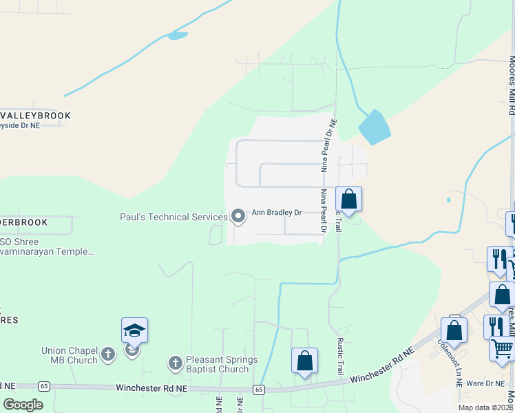 map of restaurants, bars, coffee shops, grocery stores, and more near 118 Ann Bradley Drive in Huntsville