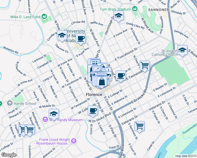 map of restaurants, bars, coffee shops, grocery stores, and more near 212A North Court Street in Florence