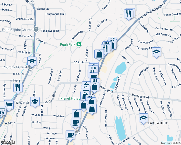 map of restaurants, bars, coffee shops, grocery stores, and more near 5005 North Walnut Road in North Little Rock