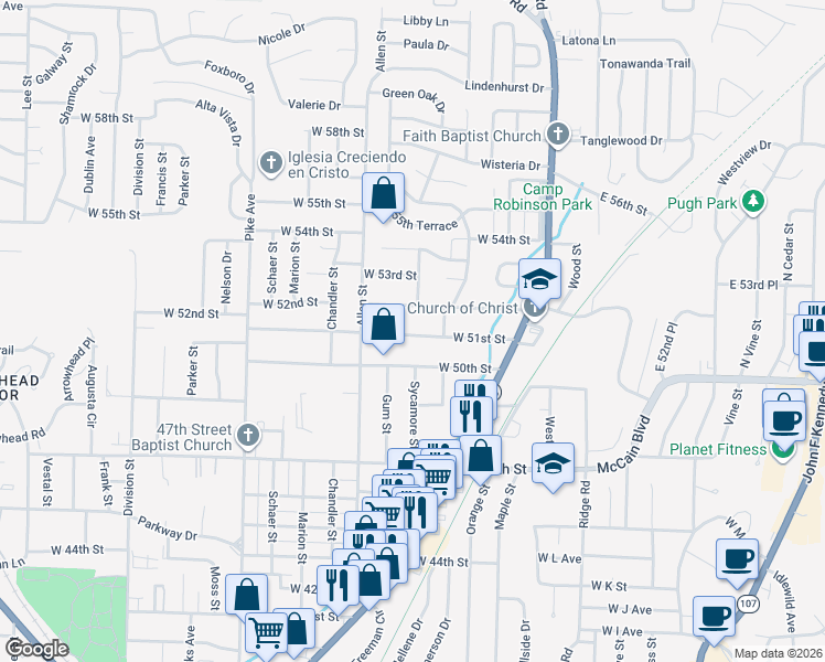 map of restaurants, bars, coffee shops, grocery stores, and more near 406 West 51st Street in North Little Rock