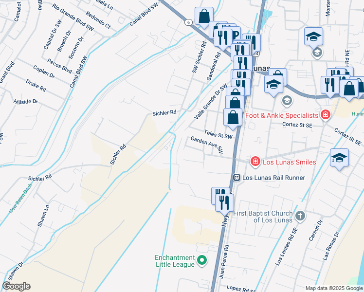 map of restaurants, bars, coffee shops, grocery stores, and more near 639 Reeves Place Southwest in Los Lunas