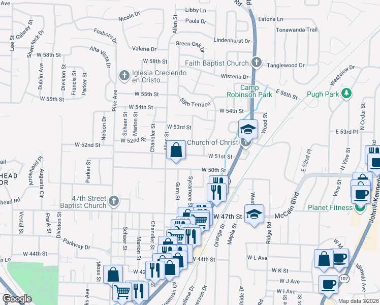 map of restaurants, bars, coffee shops, grocery stores, and more near 406 West 51st Street in North Little Rock