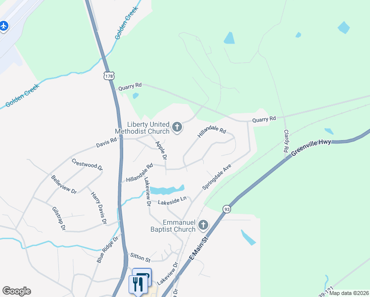 map of restaurants, bars, coffee shops, grocery stores, and more near 616 Hillandale Road in Liberty