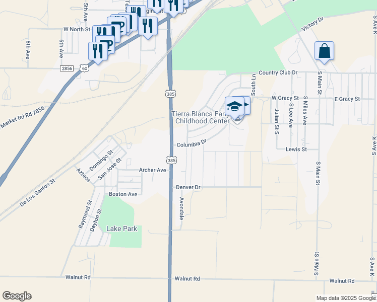 map of restaurants, bars, coffee shops, grocery stores, and more near 1109 Caprock Street in Hereford