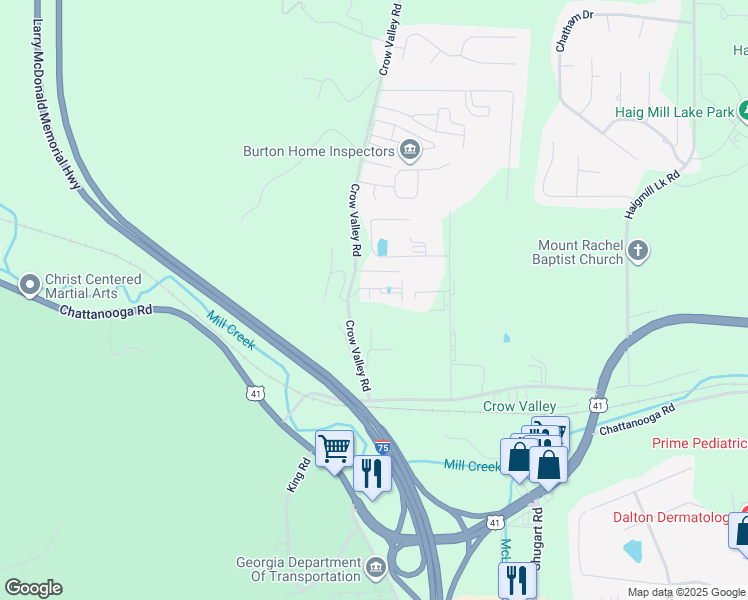 map of restaurants, bars, coffee shops, grocery stores, and more near 34 Crow Valley Road in Dalton
