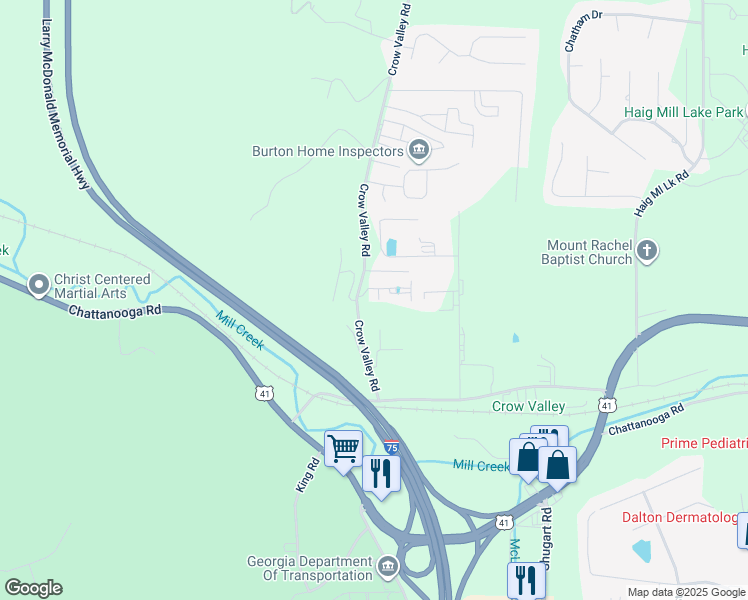 map of restaurants, bars, coffee shops, grocery stores, and more near 34 Crow Valley Road in Dalton