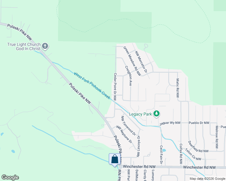 map of restaurants, bars, coffee shops, grocery stores, and more near 6401 Cedar Point Drive Northwest in Huntsville