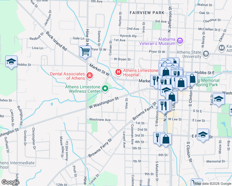 map of restaurants, bars, coffee shops, grocery stores, and more near 714 West Washington Street in Athens
