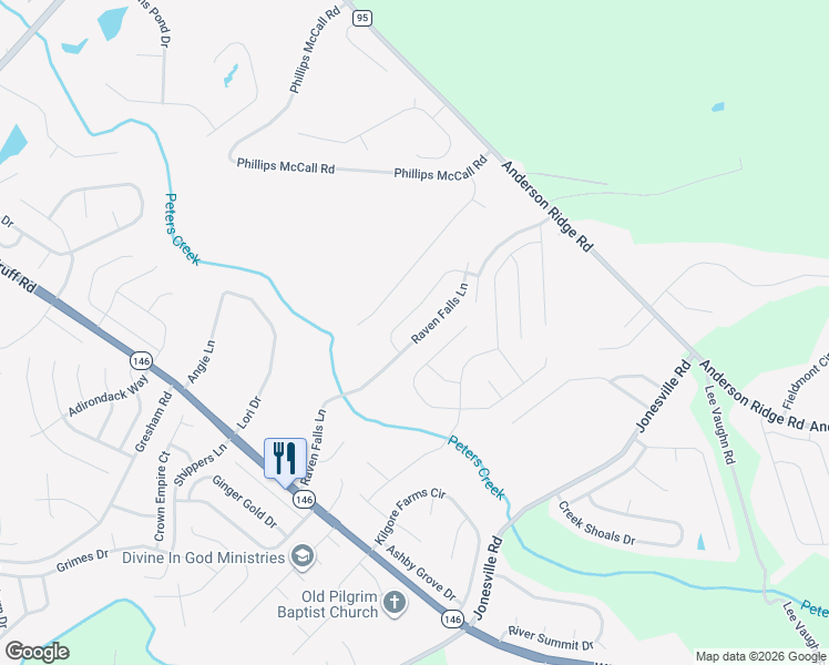map of restaurants, bars, coffee shops, grocery stores, and more near 213 Raven Falls Lane in Simpsonville