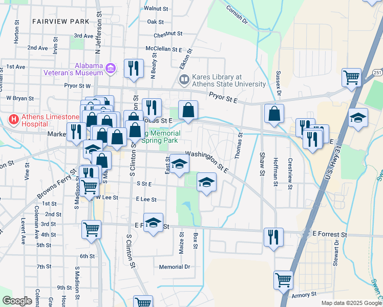 map of restaurants, bars, coffee shops, grocery stores, and more near 611 Market Street East in Athens
