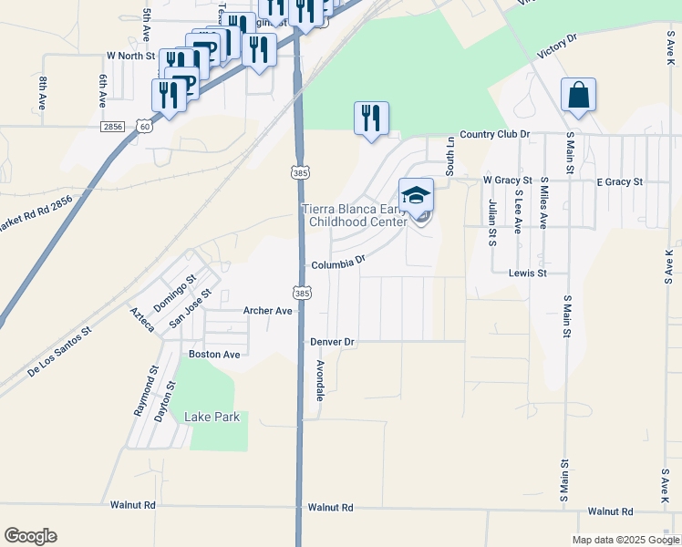 map of restaurants, bars, coffee shops, grocery stores, and more near 1109 Caprock Street in Hereford