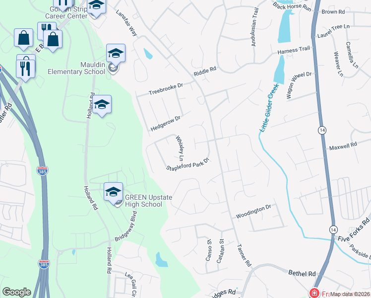 map of restaurants, bars, coffee shops, grocery stores, and more near 104 Barley Barn Court in Greenville