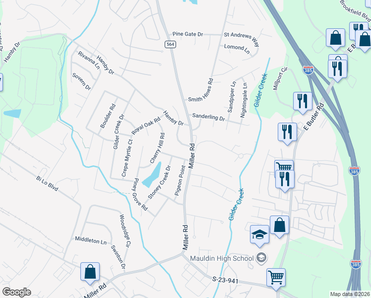 map of restaurants, bars, coffee shops, grocery stores, and more near 100 Burning Bush Lane in Greenville