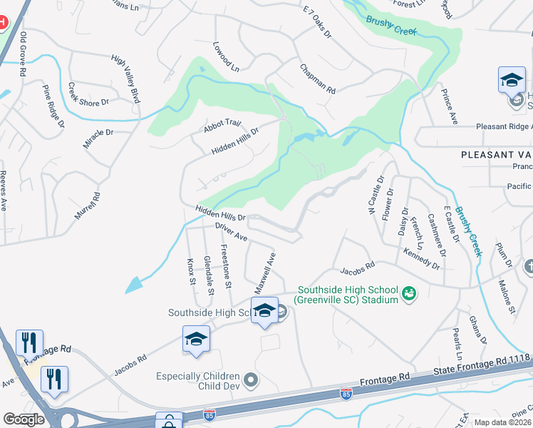 map of restaurants, bars, coffee shops, grocery stores, and more near 211 Hidden Hills Drive in Greenville