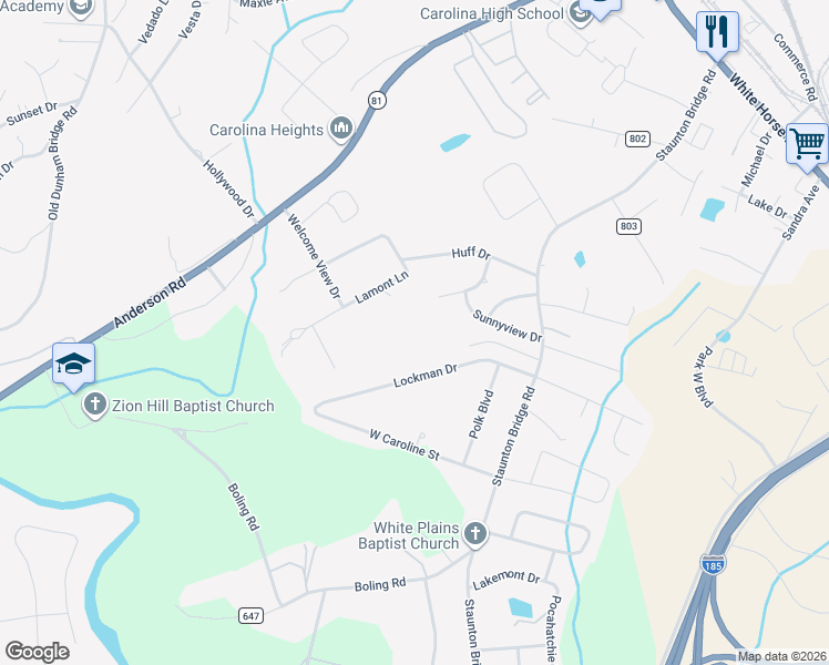map of restaurants, bars, coffee shops, grocery stores, and more near 120 Lockman Drive in Greenville