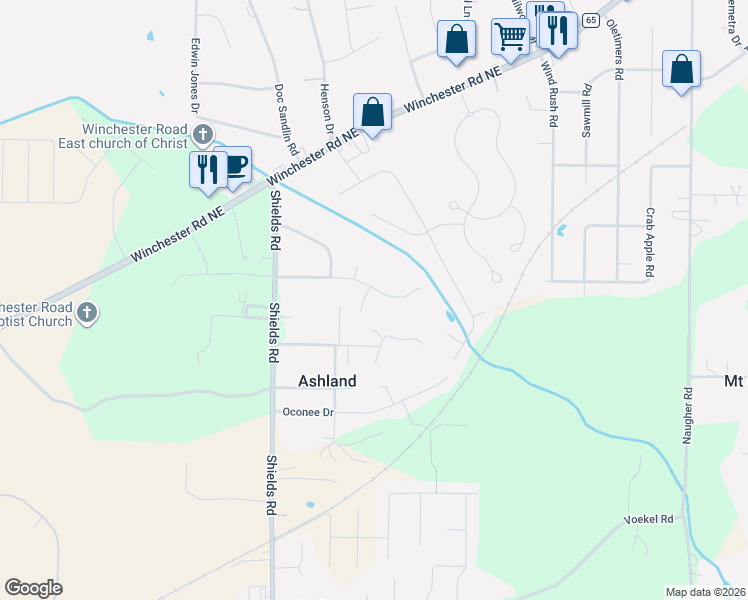 map of restaurants, bars, coffee shops, grocery stores, and more near 103 Downea Circle in Huntsville