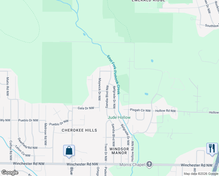 map of restaurants, bars, coffee shops, grocery stores, and more near 2201 Desha Avenue Northwest in Huntsville