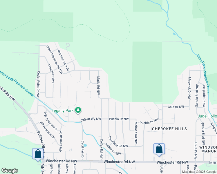 map of restaurants, bars, coffee shops, grocery stores, and more near 3405 Deerfield Road Northwest in Huntsville