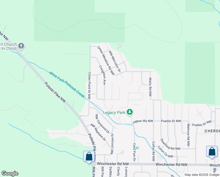 map of restaurants, bars, coffee shops, grocery stores, and more near 6404 Creighton Avenue Northwest in Huntsville