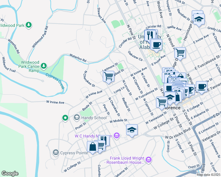 map of restaurants, bars, coffee shops, grocery stores, and more near 547 Long Lane in Florence