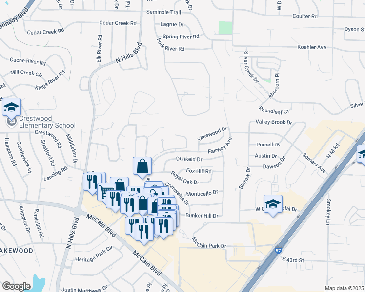 map of restaurants, bars, coffee shops, grocery stores, and more near 3705 Dunkeld Drive in North Little Rock