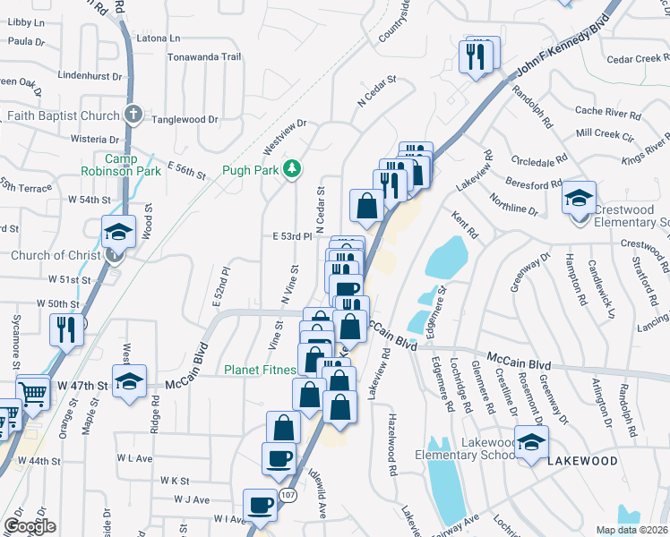 map of restaurants, bars, coffee shops, grocery stores, and more near 5005 North Walnut Road in North Little Rock