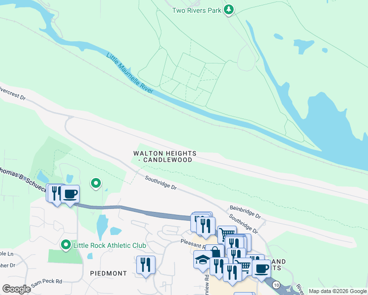 map of restaurants, bars, coffee shops, grocery stores, and more near 11983 Rivercrest Drive in Little Rock
