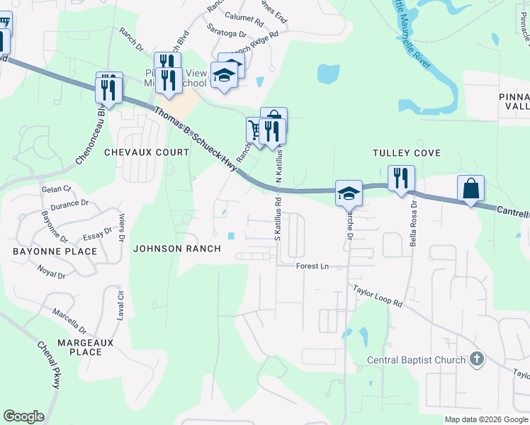 map of restaurants, bars, coffee shops, grocery stores, and more near 3 Longleaf Cove in Little Rock