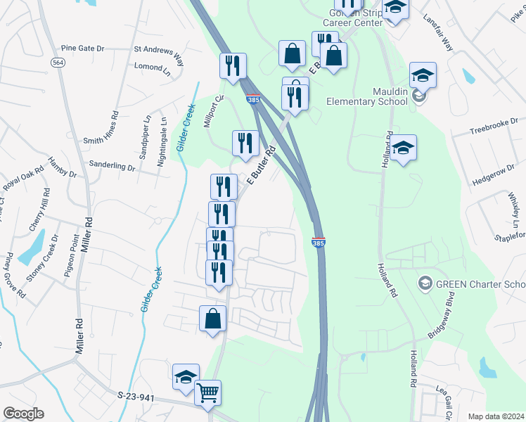 map of restaurants, bars, coffee shops, grocery stores, and more near 810 East Butler Road in Greenville
