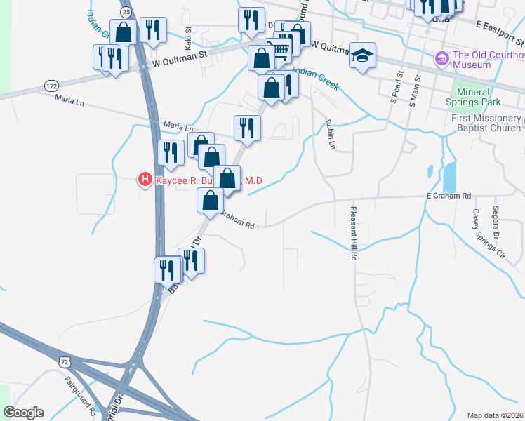 map of restaurants, bars, coffee shops, grocery stores, and more near 1-11 Graham Ridge Road in Iuka