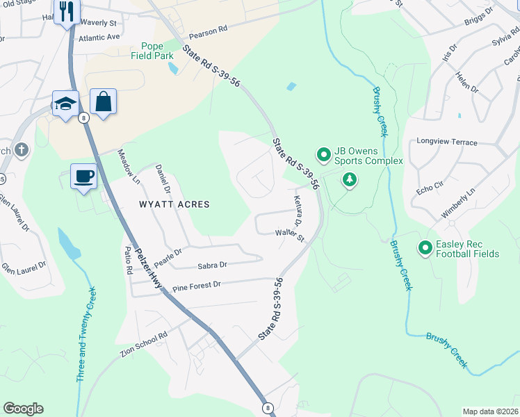 map of restaurants, bars, coffee shops, grocery stores, and more near 213 Walter Street in Easley