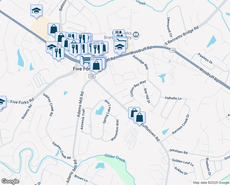 map of restaurants, bars, coffee shops, grocery stores, and more near 3 Magnolia Place Court in Simpsonville
