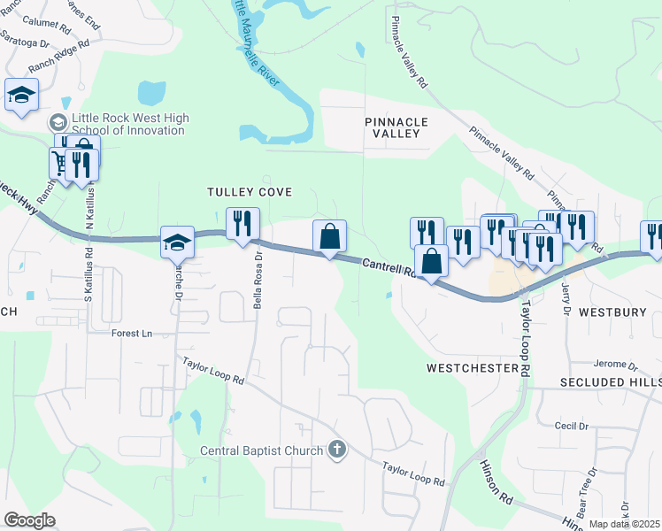 map of restaurants, bars, coffee shops, grocery stores, and more near 15601 Cantrell Road in Little Rock