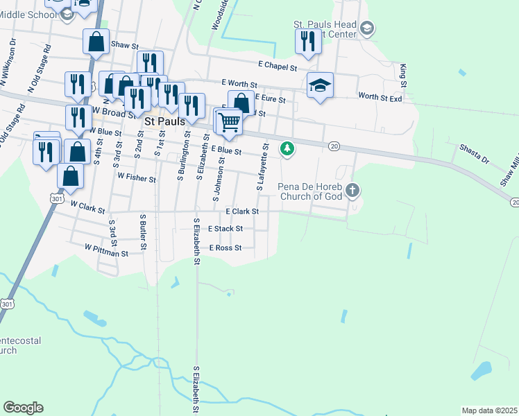 map of restaurants, bars, coffee shops, grocery stores, and more near 601 East Clark Street in Saint Pauls