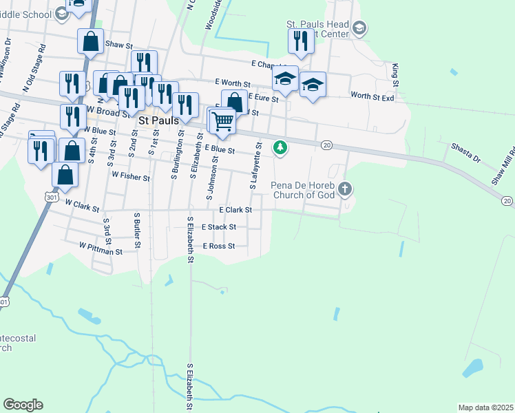 map of restaurants, bars, coffee shops, grocery stores, and more near 613 East Clark Street in Saint Pauls