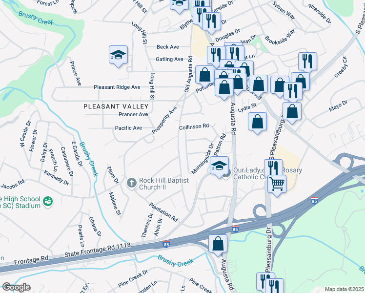 map of restaurants, bars, coffee shops, grocery stores, and more near 521 Old Augusta Road in Greenville