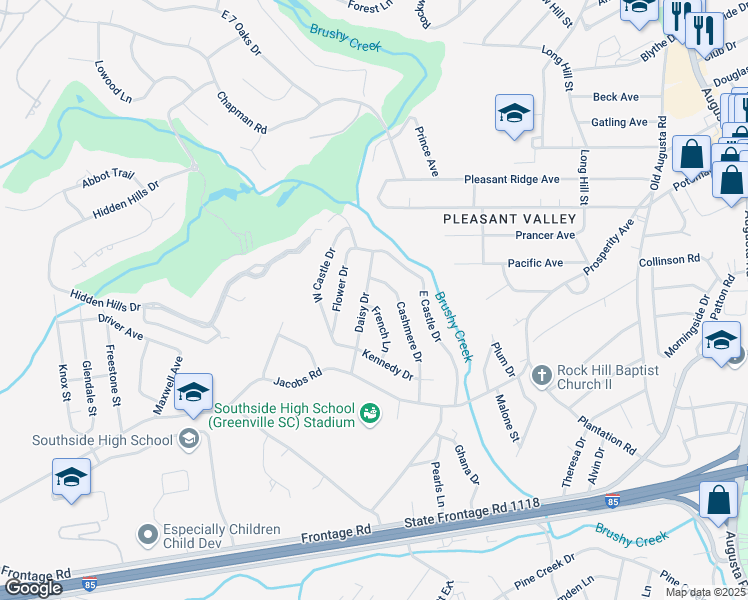 map of restaurants, bars, coffee shops, grocery stores, and more near 14 French Lane in Greenville