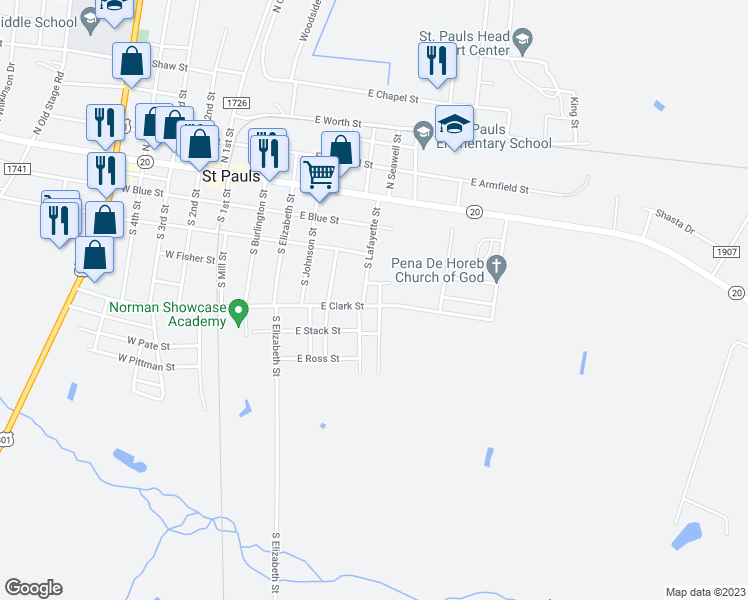 map of restaurants, bars, coffee shops, grocery stores, and more near 613 East Clark Street in Saint Pauls